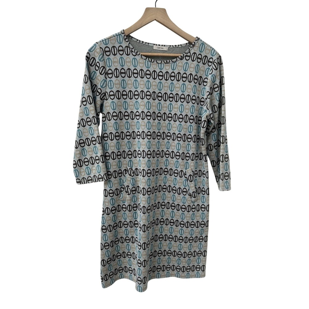 Tyler Boe Shift Dress M Blue Brown Geometric Knit 3/4 Sleeve Pockets Fall